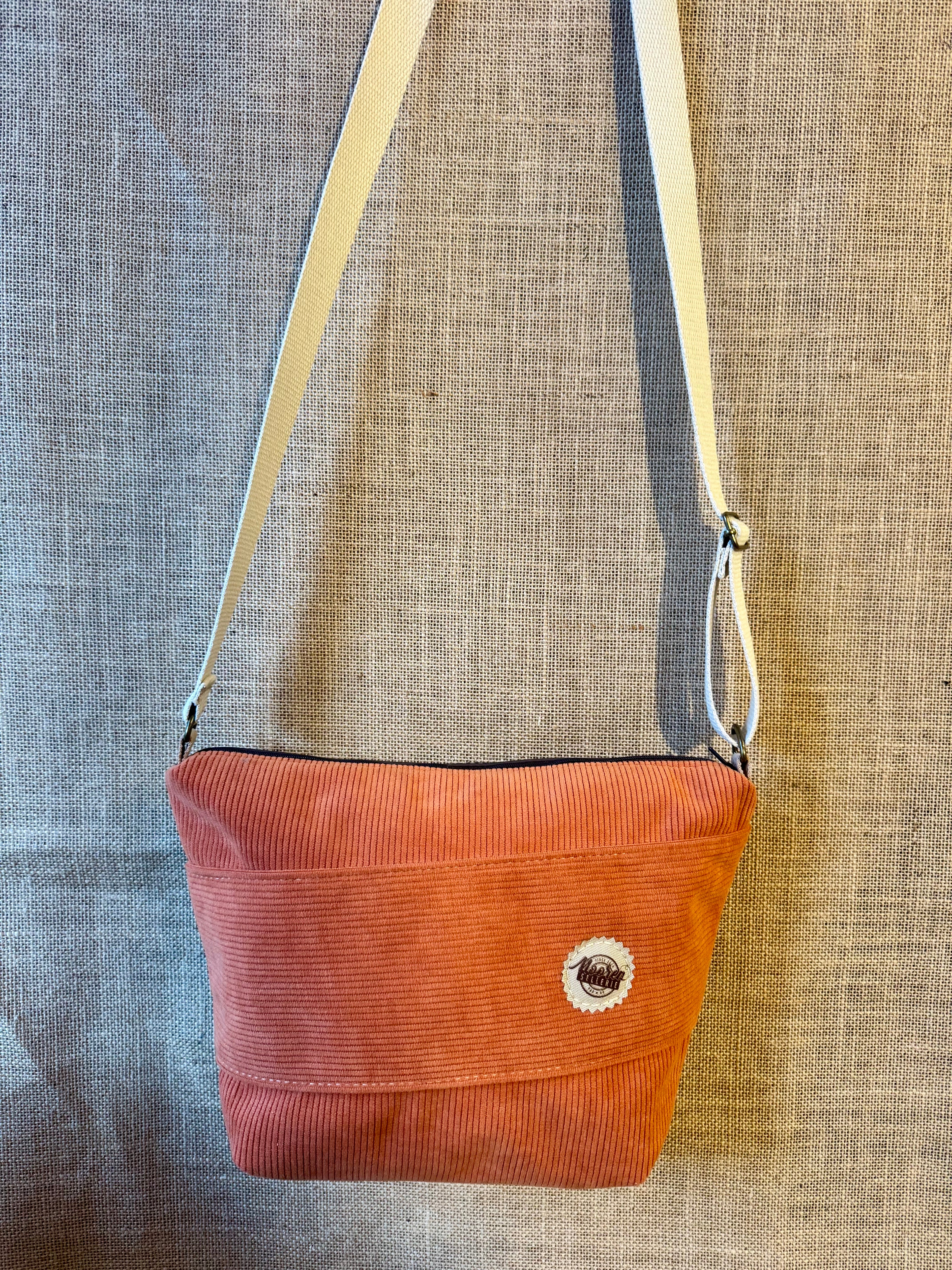 Sac trapèze bandoulière Velours Orange / Simili Marron