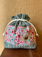 Trousse Bourse Velours Grosses Cotes Bleu Gris / Tissu Floral Turquoise