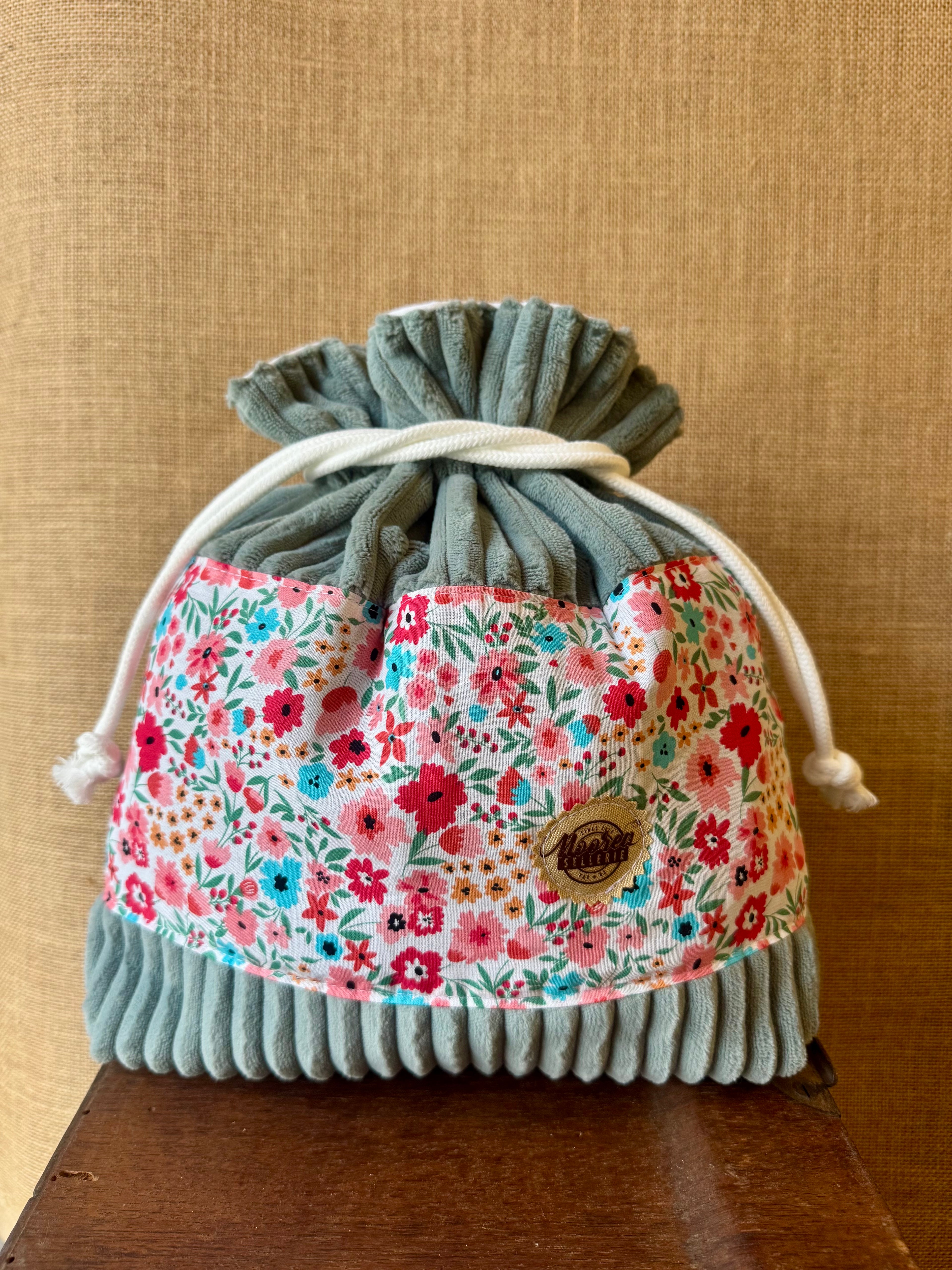 Trousse Bourse Velours Grosses Cotes Bleu Gris / Tissu Floral Turquoise