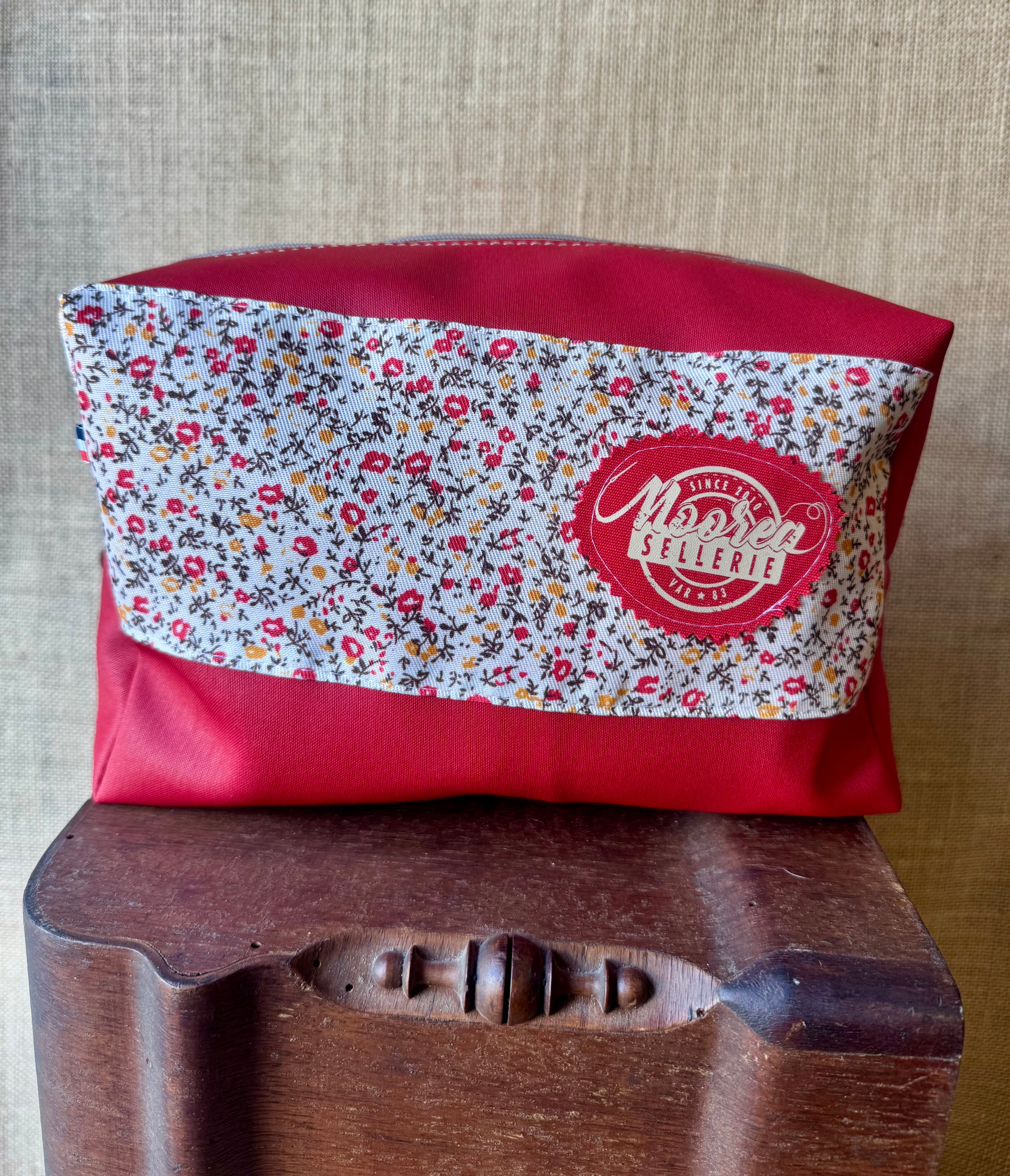 Trousse de toilette femme - Simili rouge / Tissu floral rouge