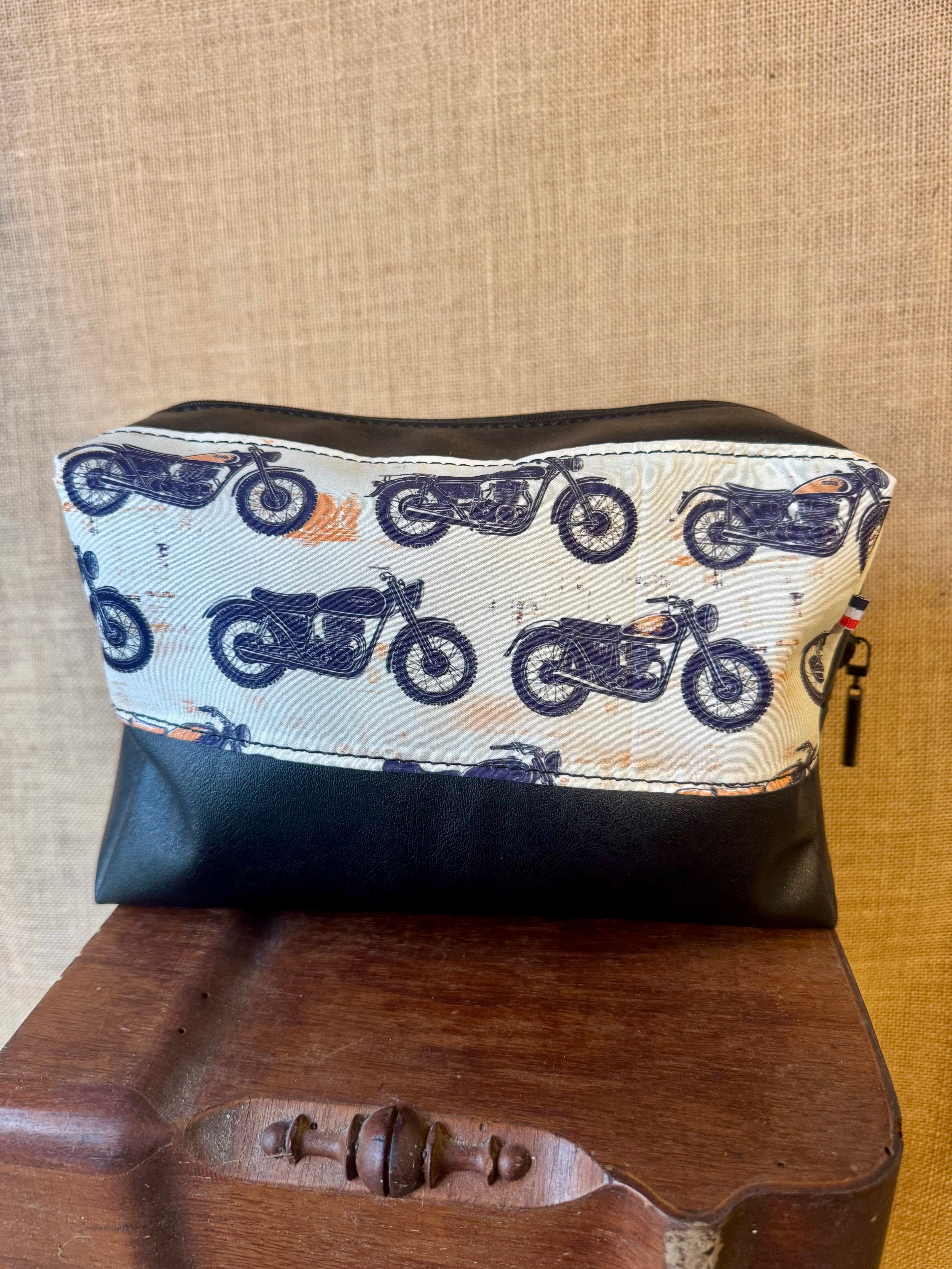 Trousse de toilette - Simili Noir / Tissu Moto