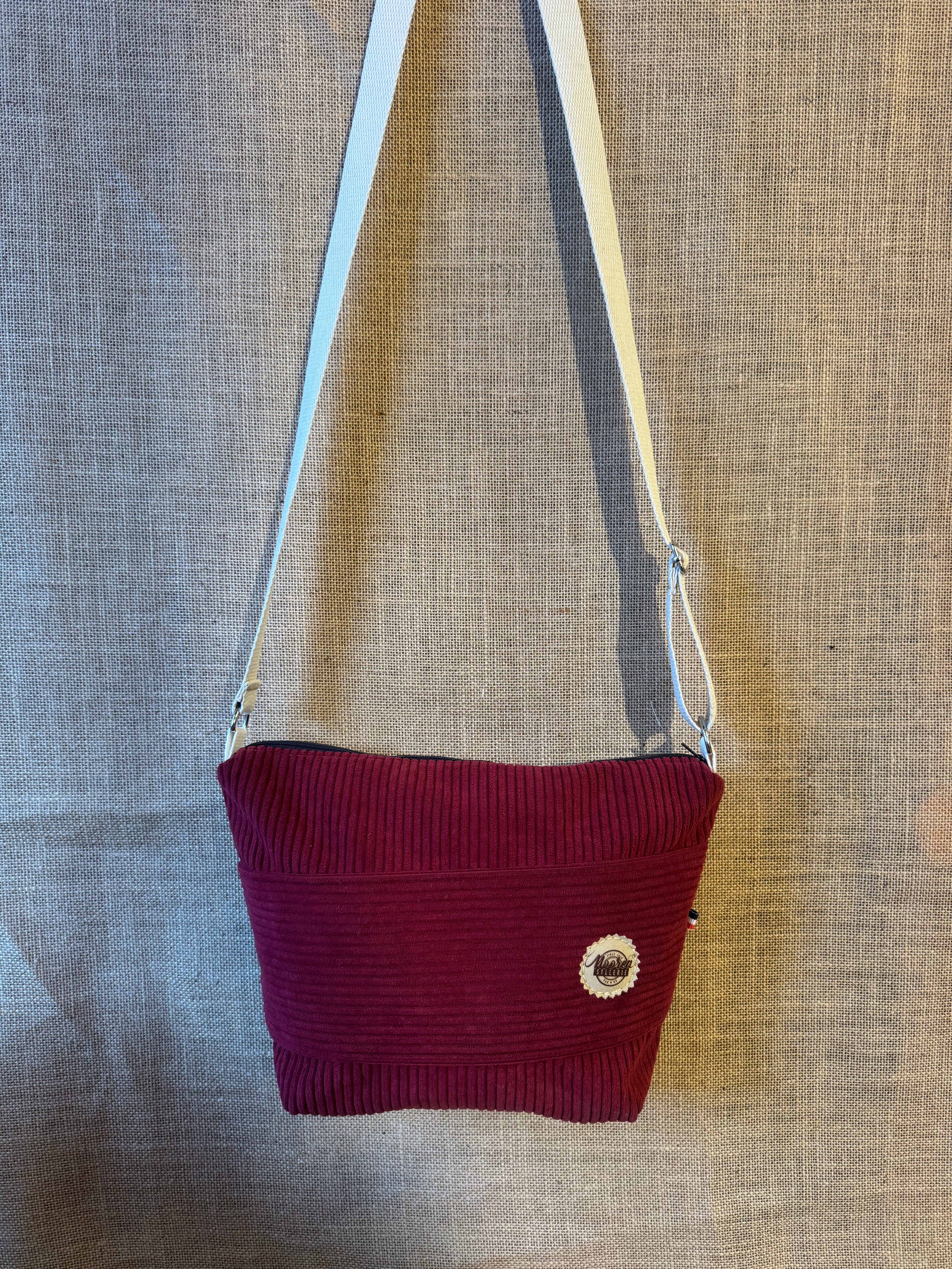 Sac trapèze bandoulière Velours Bordeaux / Simili Marron