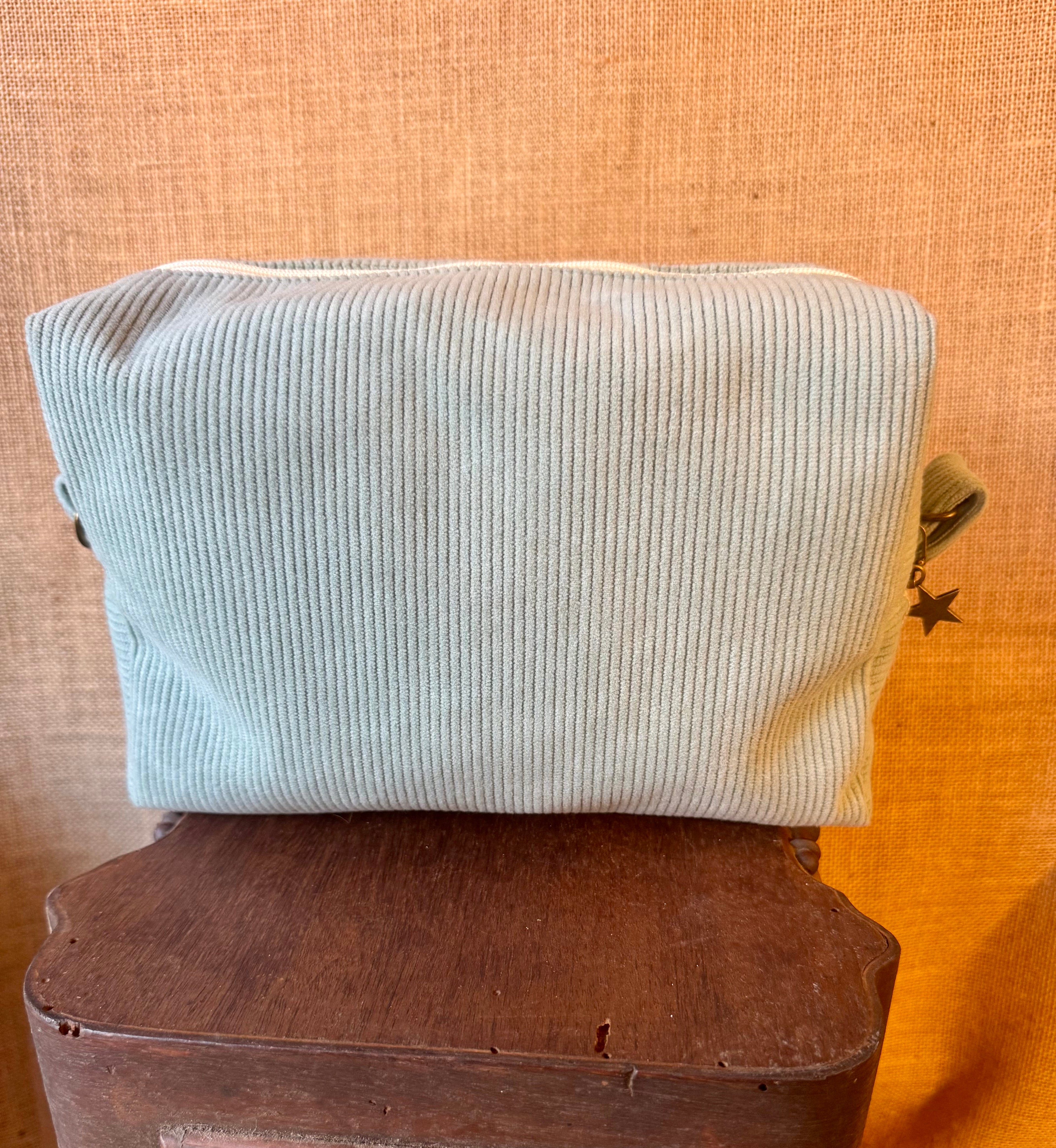 Trousse de toilette - Velours Bleu Ciel / Tissu Beige Chiné