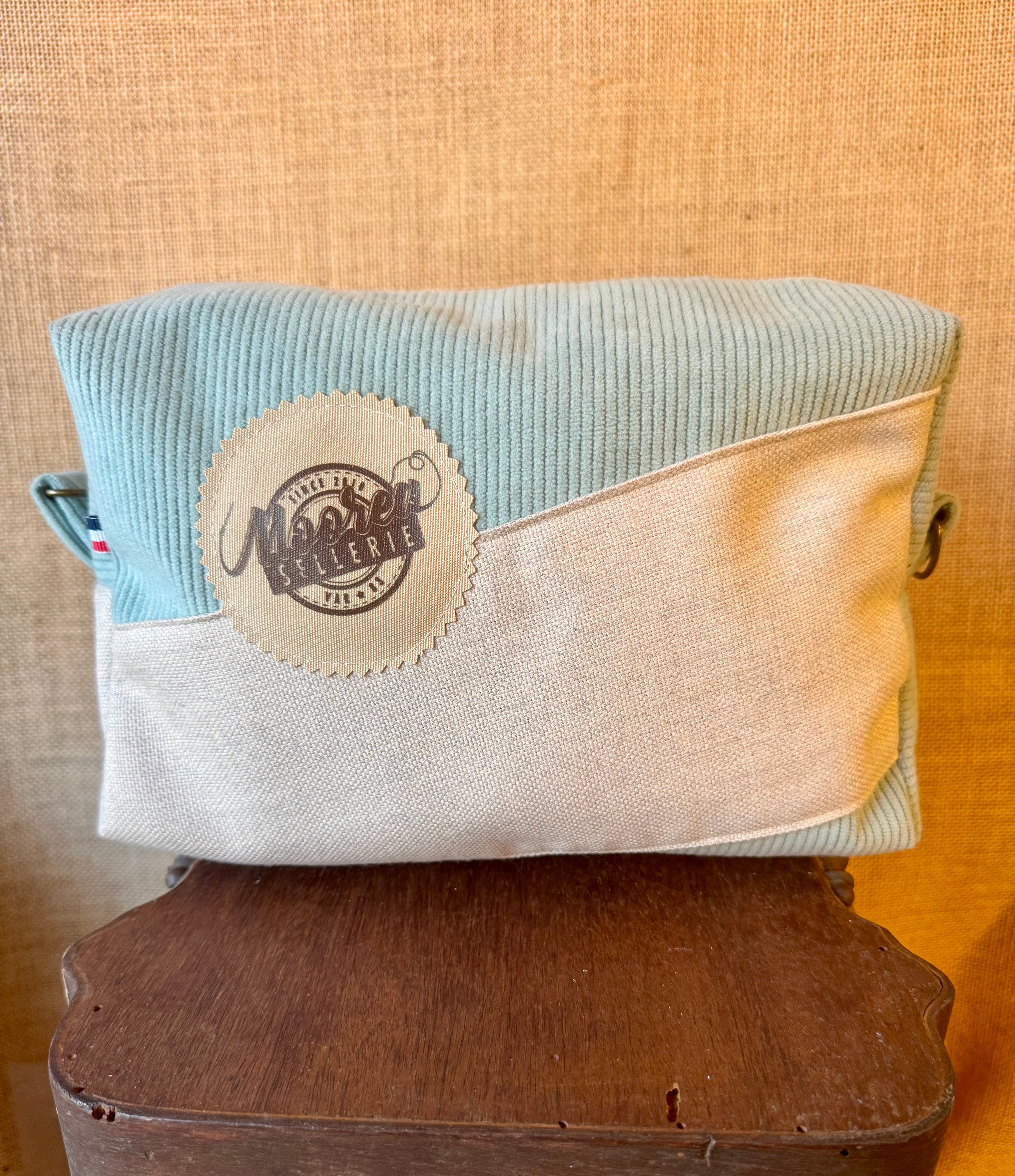 Trousse de toilette - Velours Bleu Ciel / Tissu Beige Chiné