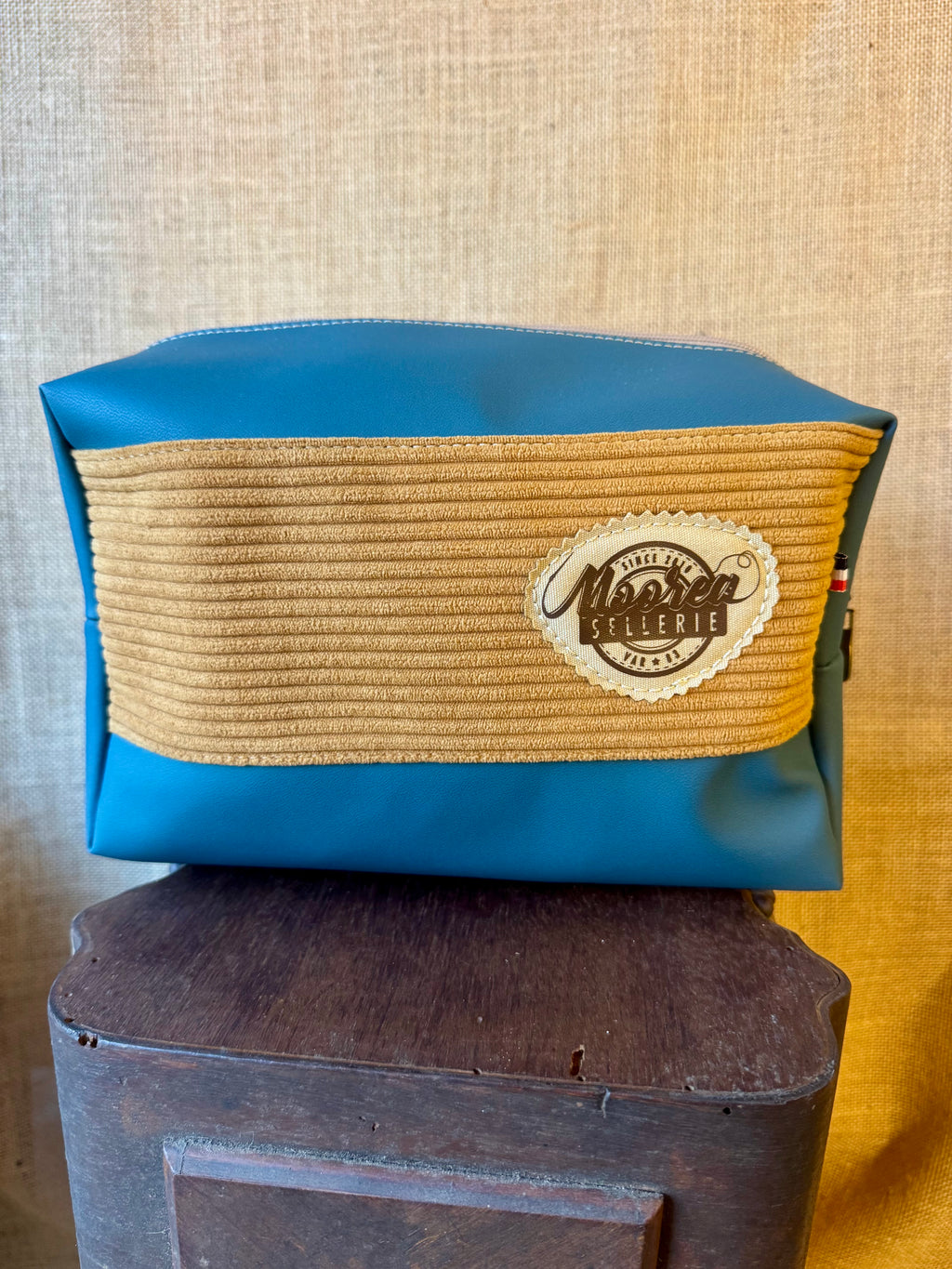 Trousse de toilette - Simili Bleu Canard / Velours Ocre