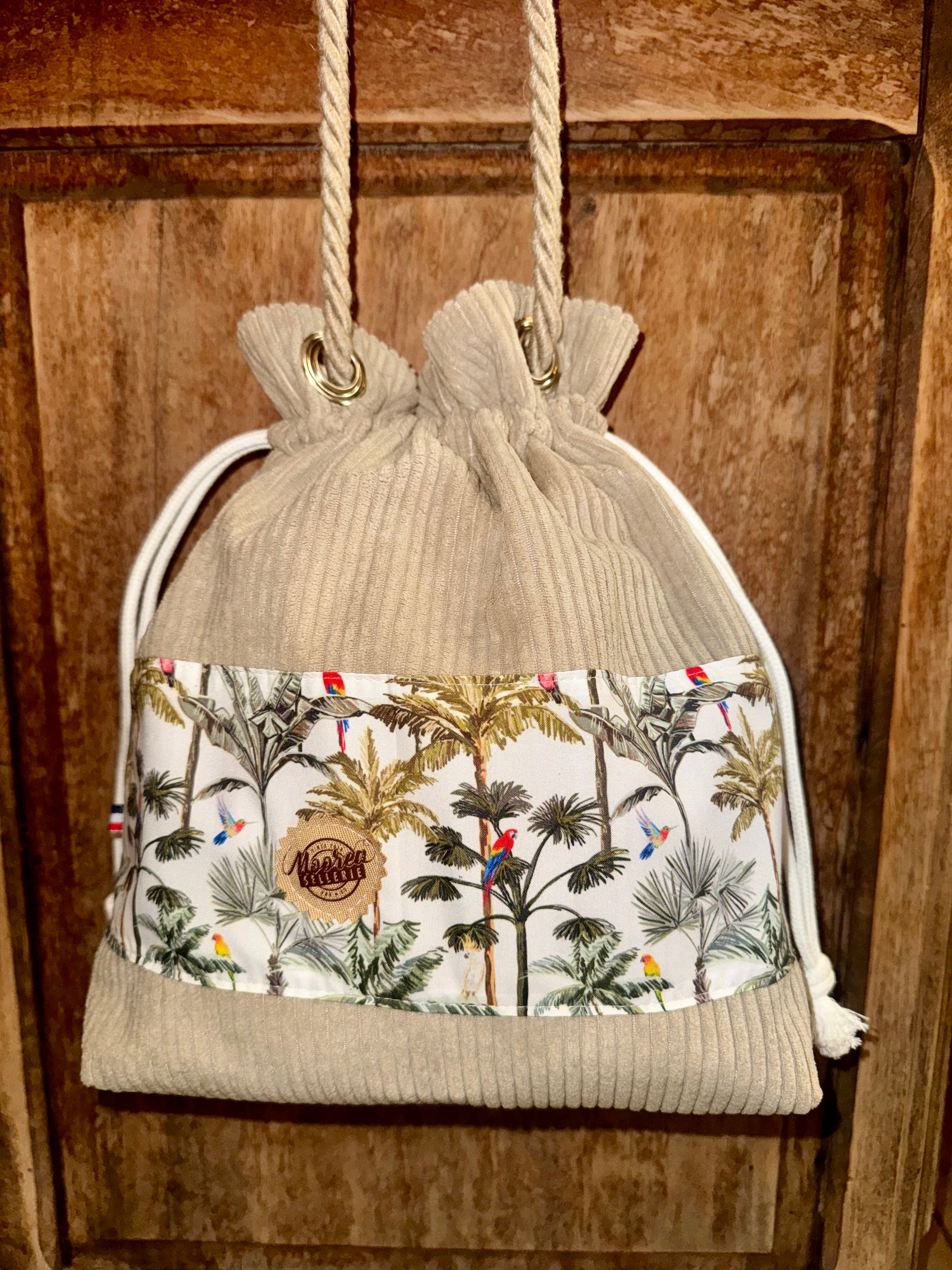 Sac Bandoulière Bourse Velours Beige Petites Côtes / Tropical Perroquet