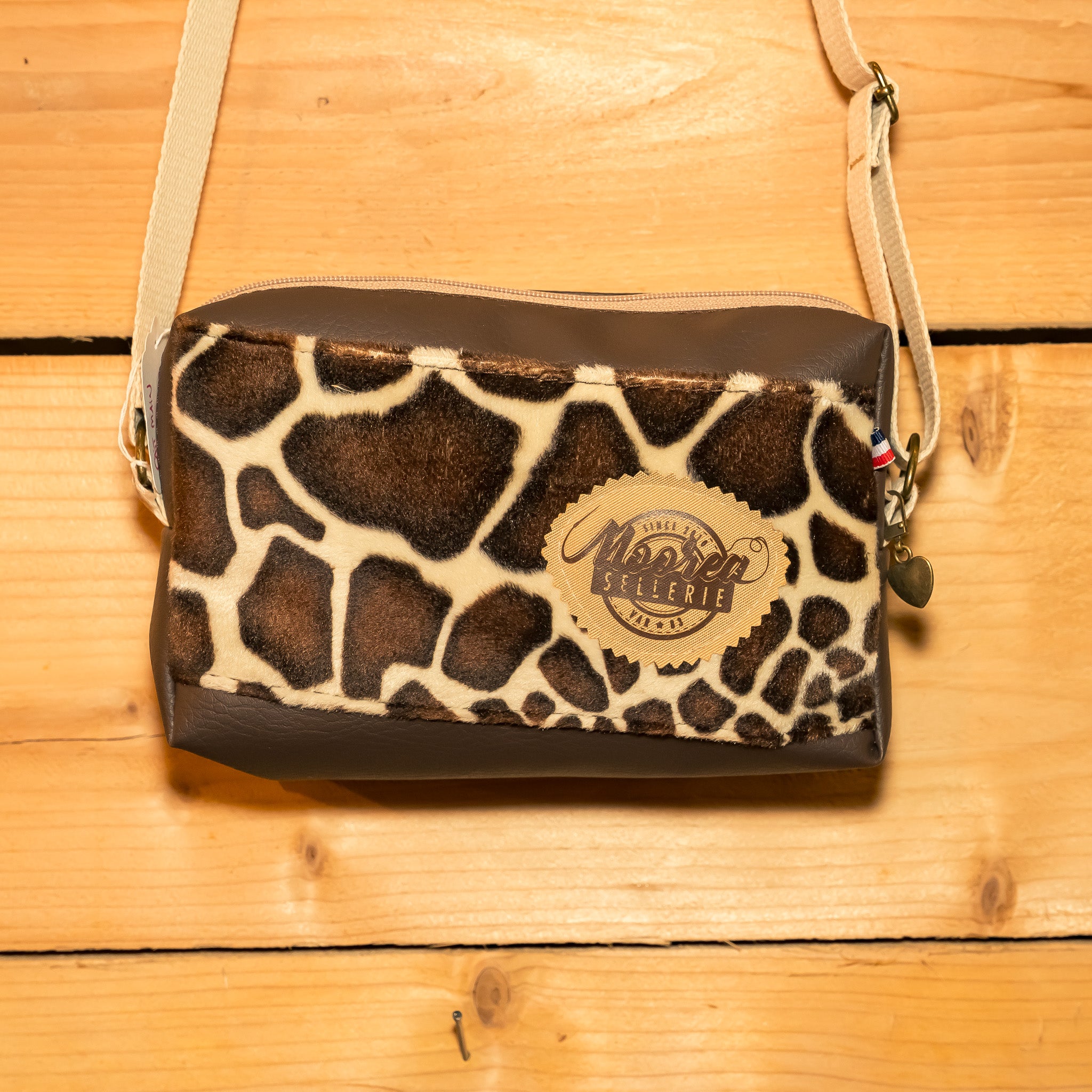 Sac bandoulière simili marron / tissu girafe
