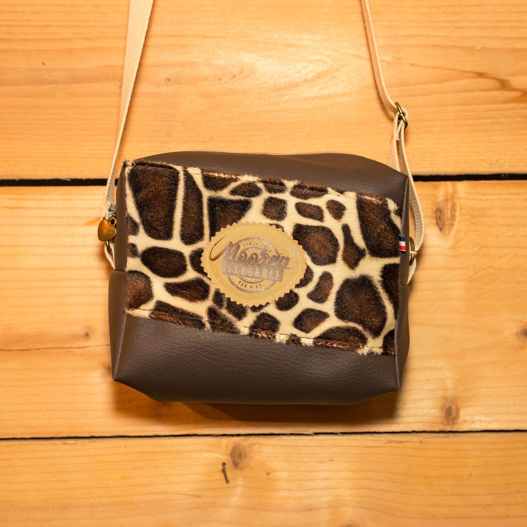 Sac bandoulière simili marron / tissu girafe