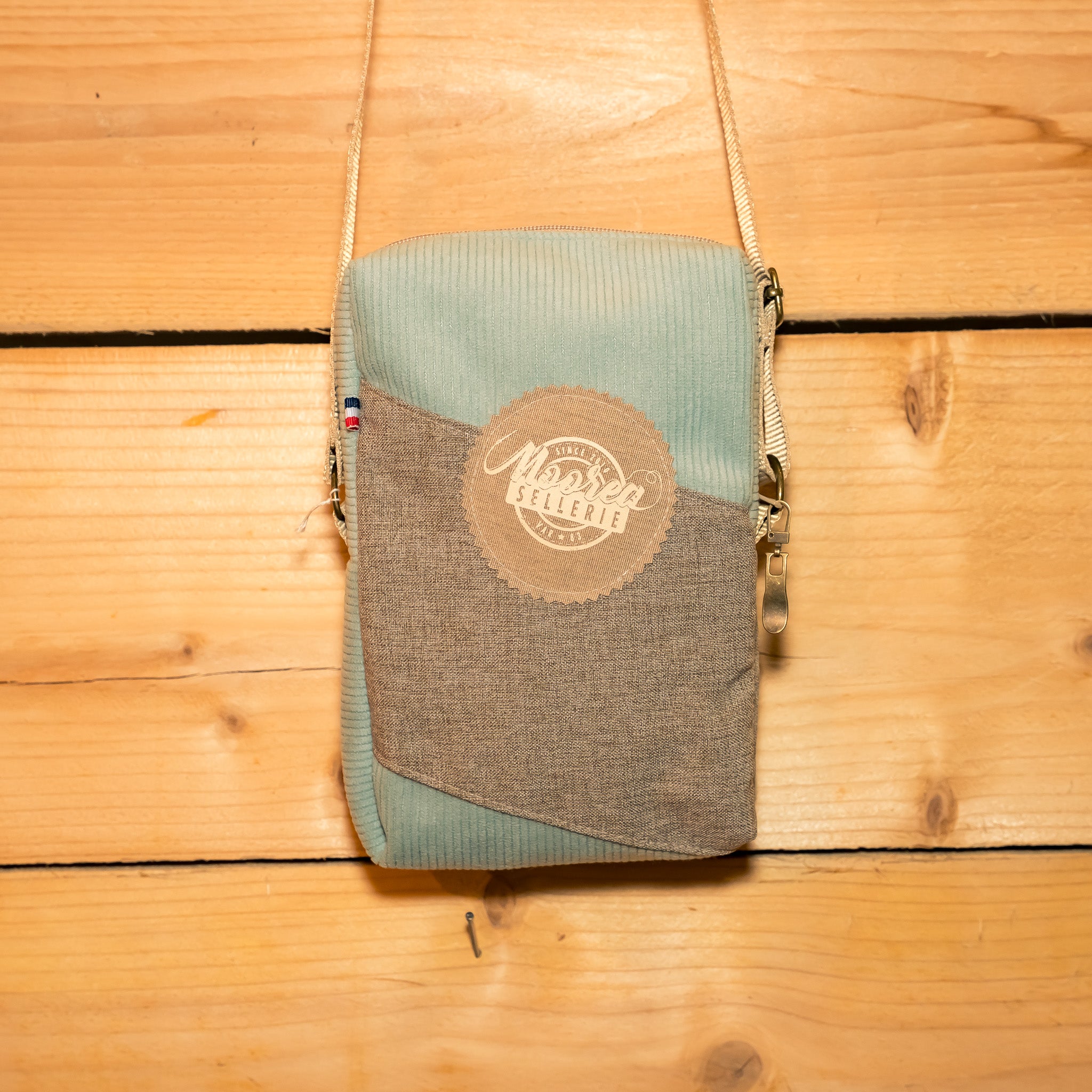 Sac bandoulière velours bleu ciel / tissu marron chiné