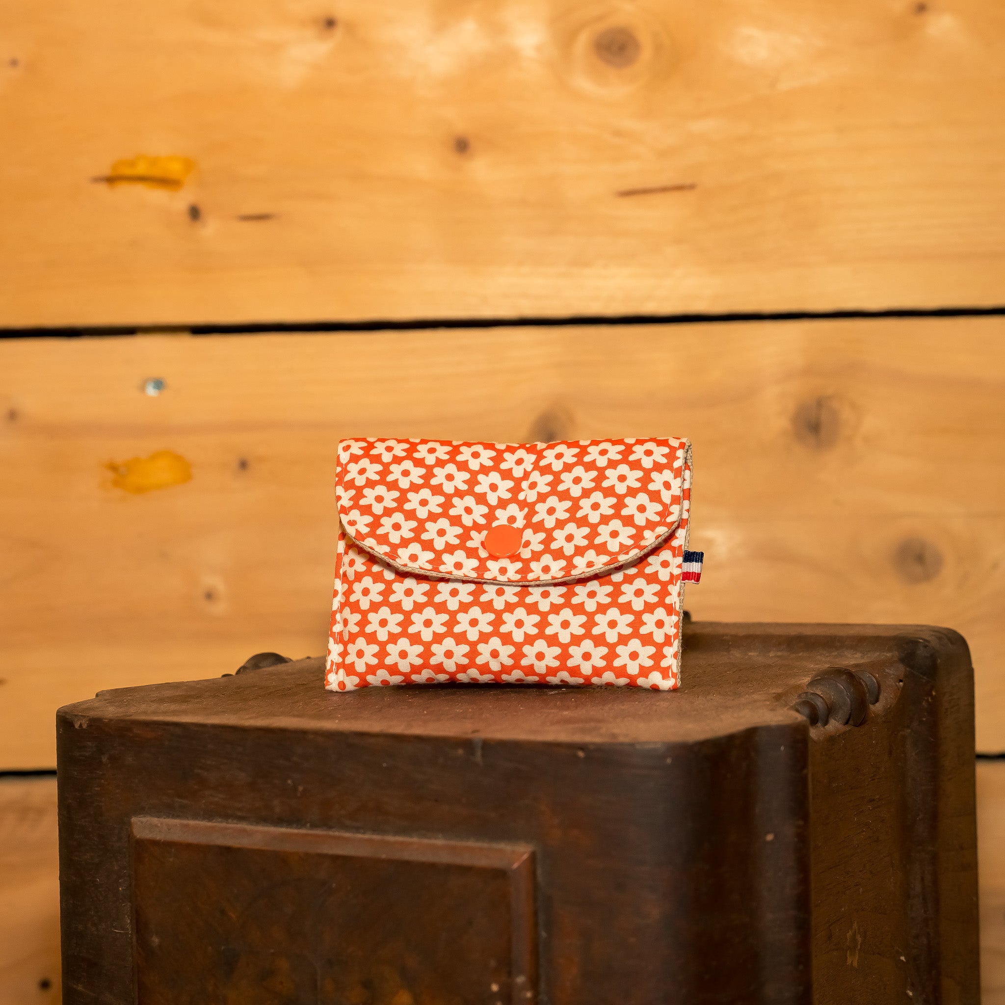 Porte Monnaie Tissu Vintage Orange motifs Fleurs