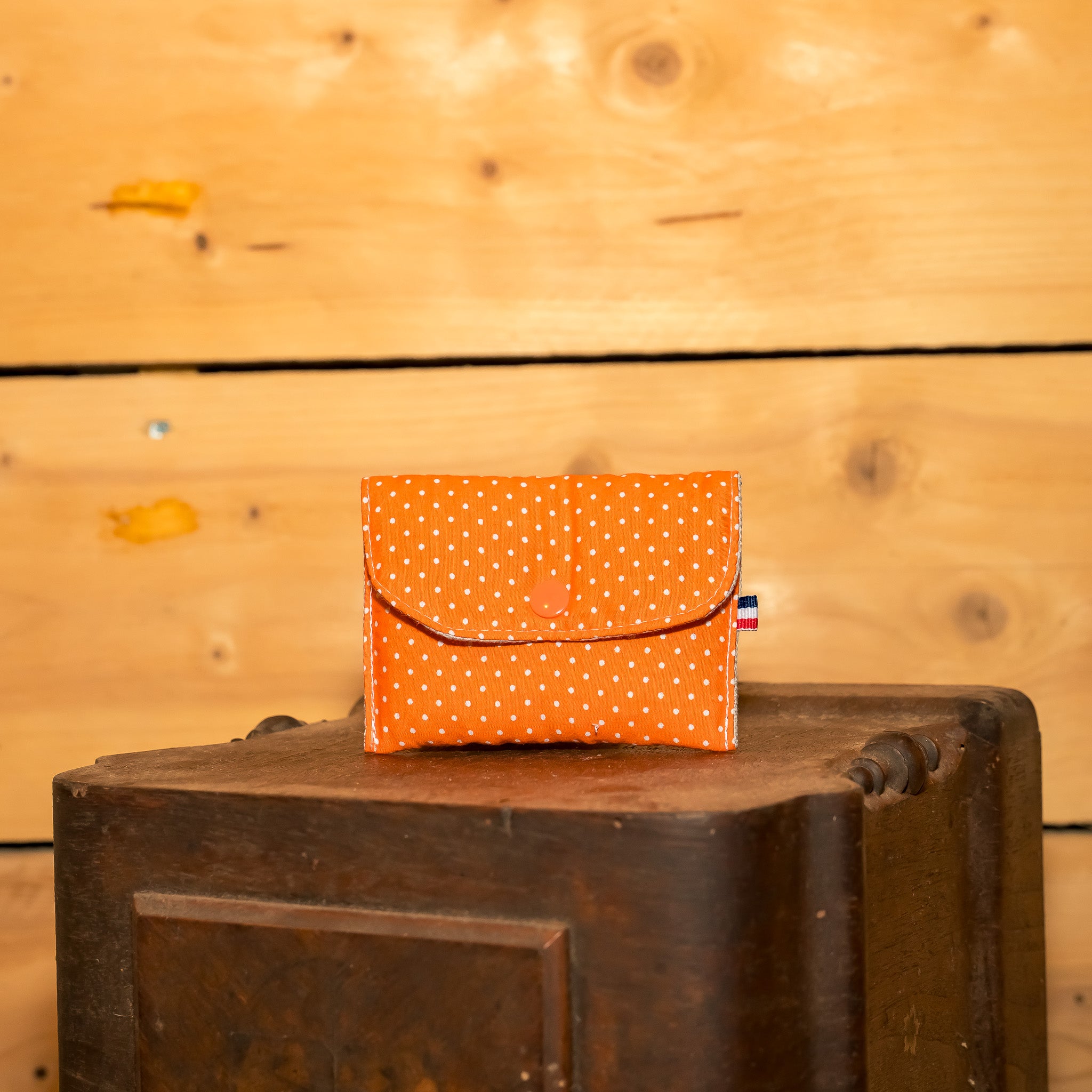 Porte Monnaie Tissu Vintage Orange Pois Blancs